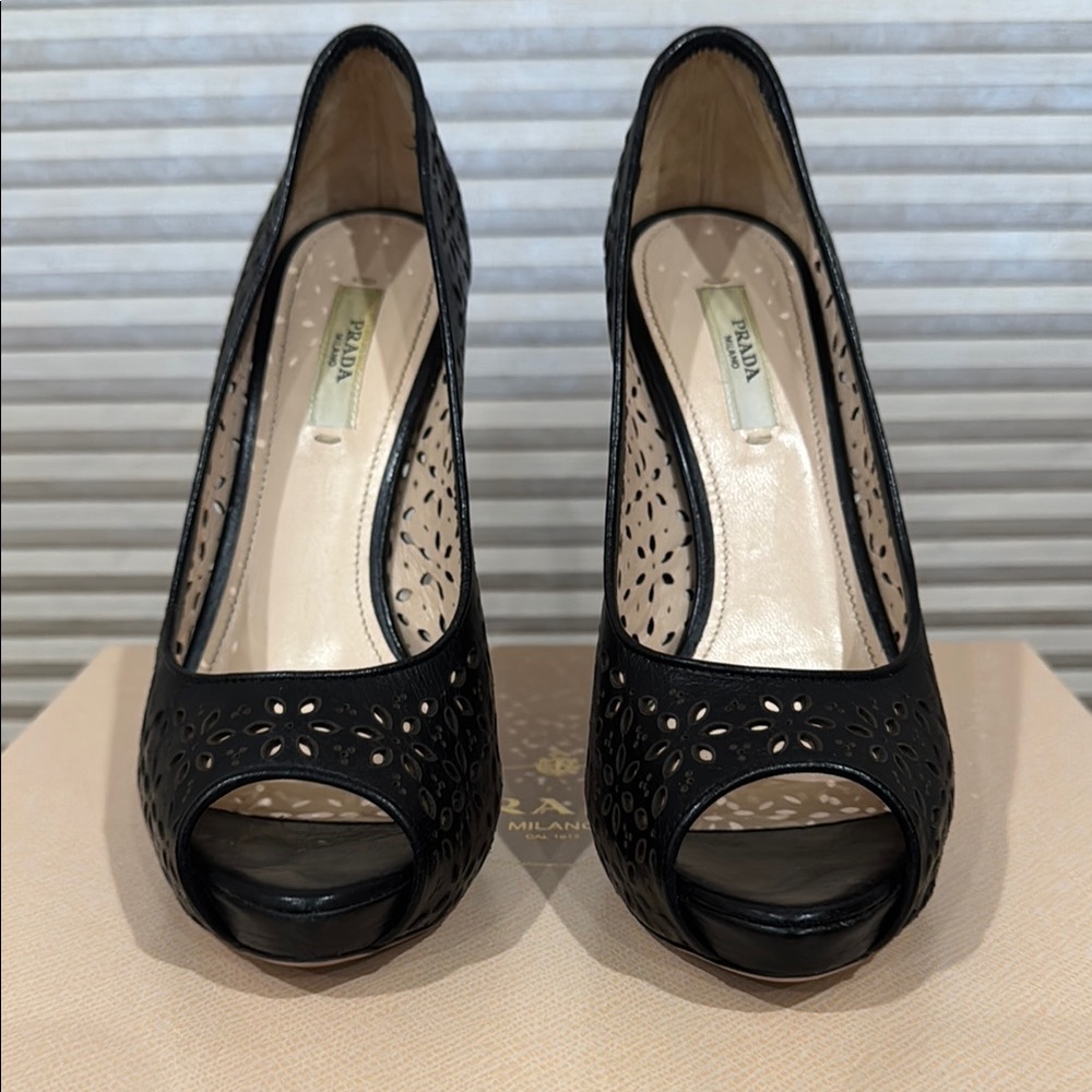 Prada Black Patent Leather Heels Peep-Toe